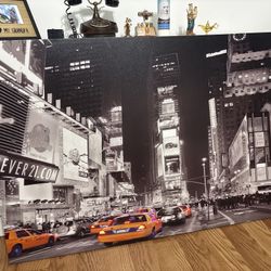 Large NYC Times Square Canvas – Black & White with Yellow Taxi Accents