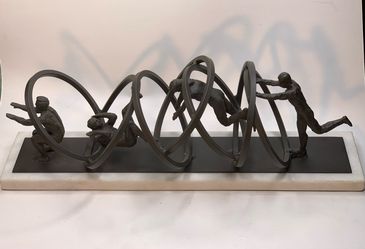 Jumping Through Hoops by Global Modern Bronze Spiral Human Figure Sculpture on Marble Base