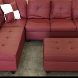Red Leather Sofa Sectional With Ottoman Storage & Picture Frame 