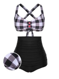Brand New! Retro Double Strap Buttoned Plaid Swimsuit / S