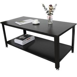 43" Coffee Table w/Storage Shelf & Adjustable Feet, Retro Rectangle Sofa Table for Home, Office (BLACK)