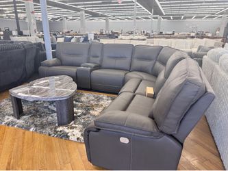 L-shaped grey leather electric sectional