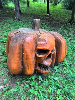 Large Hand-Carved Wood Pumpkin Skull Sculpture