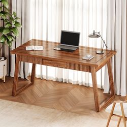 LITTLE TREE 55-Inch Home Office Desk with Drawer, Modern Minimalist Style Wooden Simple Study Writing Table, Mid-Century Log Executive Desk, Computer 