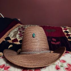 For sale Bailey straw hat  Light Brown  With turquoise and   Silver Pin on the front and silver metal hatband $75 OBO