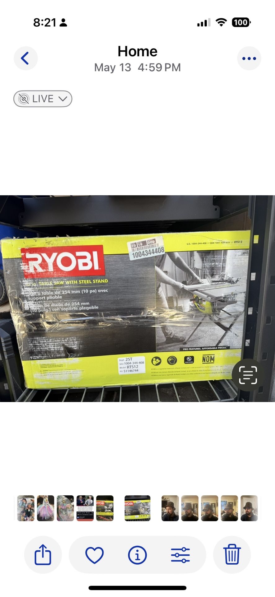 The image shows a boxed Ryobi 10-inch table saw with a steel stand, model RTS12,