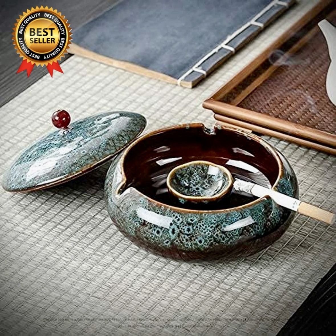 Windproof Ceramic Ashtray with Lid