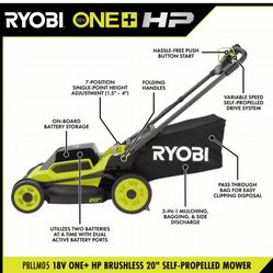 RYOBI ONE+ HP 18V Brushless 20 in. Cordless Battery Walk Behind Self-Propelled Lawn Mower w/ (2) 4.0 Ah Batteries and Chargers