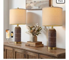 Beasiae rante lamps sel of 2, Farmhouse Table Lamp with USB A+C Charging Ports, Vintage Nightstand