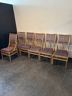 Henredon Bamboo Rattan Dining Chair Set – Striped Cushion, Armless