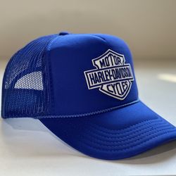 New Retro Harley Davidson Motorcycle Trucker Hat royal Blue SnapBack Adjustable