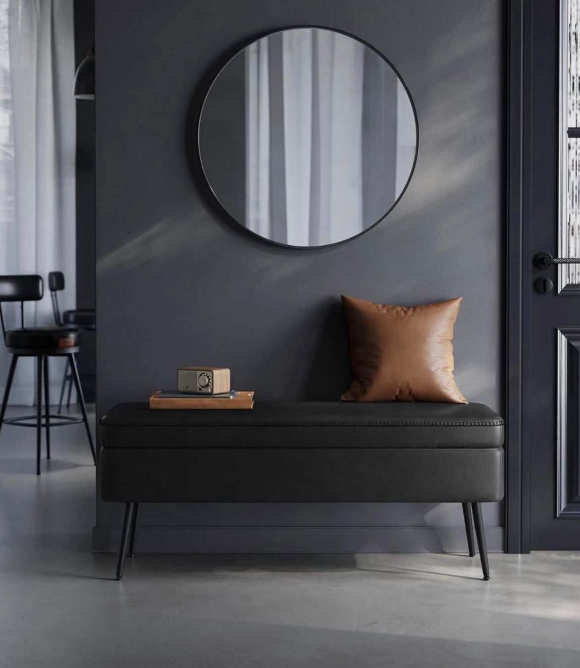 Storage Ottoman Bench, Entryway Bedroom Bench, 15 Gallons, Synthetic Leather with Stitching, Mid-Century Modern, Safety Hinges, Loads 660