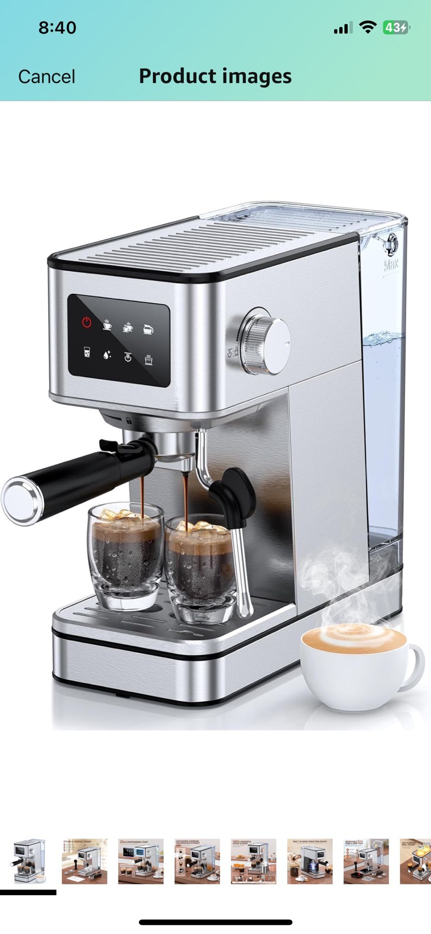 Espresso Machine, 20 Bar Compact Espresso Maker with Steam Milk Frother, Stainless Steel Coffee Machine with 57.5oz Removable Water Tank & LED Touchsc