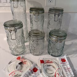 Vintage Embossed Fruit Heavy Glass Storage Canister Jars Wire Bale Set of 6