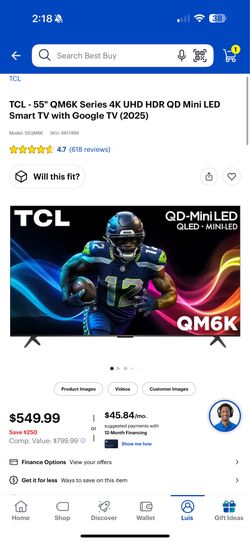 TCL - 55" QM6K Series 144HZ 4K UHD HDR QD Mini LED Smart TV with Google TV (2025)