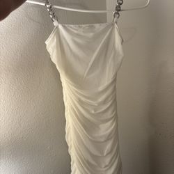 White Ruched Bodycon Dress with Rhinestone Straps – XS