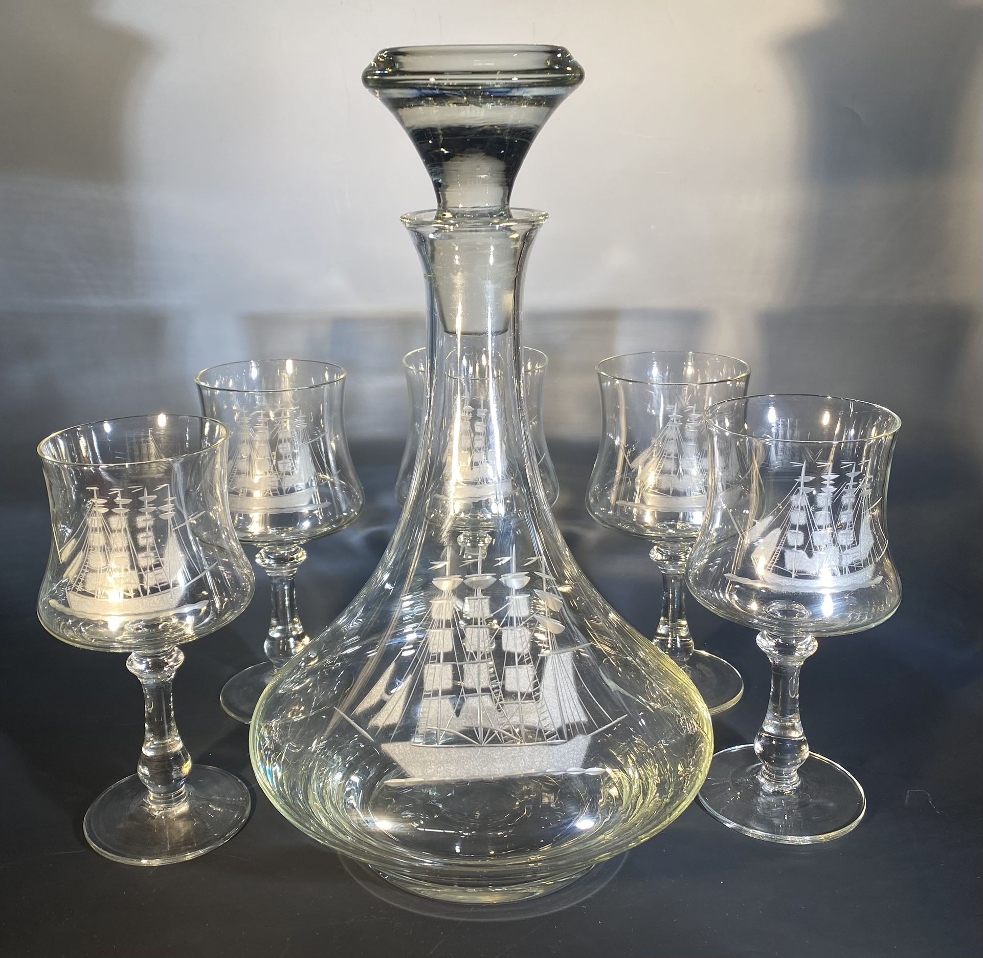 Vintage Queen's Award Handcrafted Etched Ship Decanter Set w/ 5 Glasses