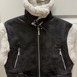 Women Faux Leather Sherpa Vest Cropped Biker Jacket Black Size M New