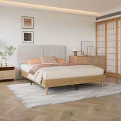 Upholstered Bed Frame with Linen Fabric Headboard, Strong Wood Slats Supports Platform Bed, Full Size Bed, Beige