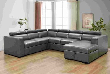 123 Modern U Shaped 7-seat Sectional Sofa Couch with Adjustable Headrest, Sofa Bed with Storage Chaise-Pull Out Couch Bed for Living Room ,Gray