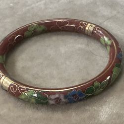 Vintage Chinese Cloisonné Brick Red Hinged Floral Design Bracelet 3”wide s/m