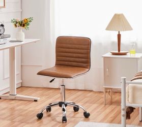 PU Leather Armless Office Chair Desk Chair with Wheels, Retro Brown