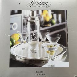 NEW GORHAM RIBBON MARTINI SET - TRAY, SHAKER & 4 GLASSES
