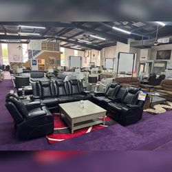 3 Pieces Black Breathing Leather Recliner sofa set