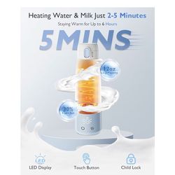Portable Bottle Warmer for Breastmilk: Baby Milk Warmer with Smart Touch LED Temperature Control | Food-Grade Cordless On The Go Heating Bottle - 5 Mi