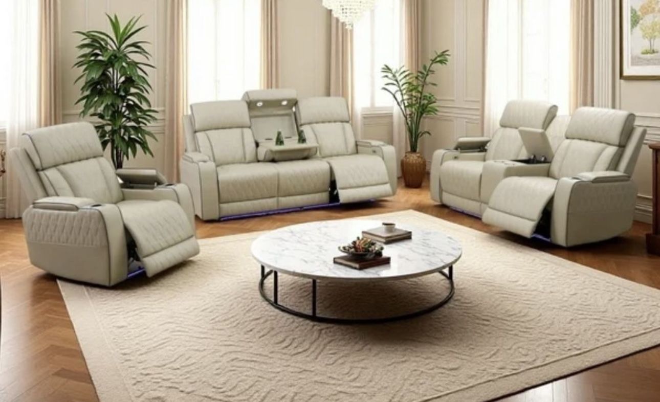 Power Electric Beige Cream Leather Three Piece Couch Set