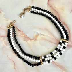 Monet Black And White Beaded Vintage Necklace 