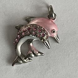 Cute Pink Double Dolphin Charm Pink Rhinestones Silver Tone
