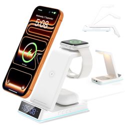 Foldable Wireless Charging Station Stand with Night Light Alarm Clock for iPhone Apple Watch AirPods New Condition 