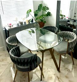 Modern Glass Table with 4 Grey Velvet /Gold Accent Chairs - Like New