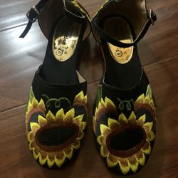 Black Flats With Embroidered Sunflower