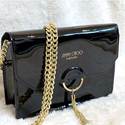 Jimmy Choo Logo Tassel Patent Clutch Crossbody Shoulder Evening Bag w/Gold Chain 
