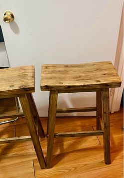 Rustic Wood Saddle Seat Bar Stools – Set of 2