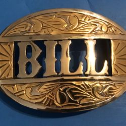 NIce vintage  belt buckle, gold wash on silver tone “BILL”