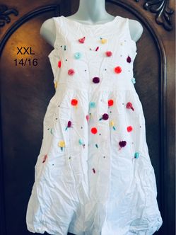 Gap Kids White dress  with colorful pom-poms and side zipper Girls size XXL