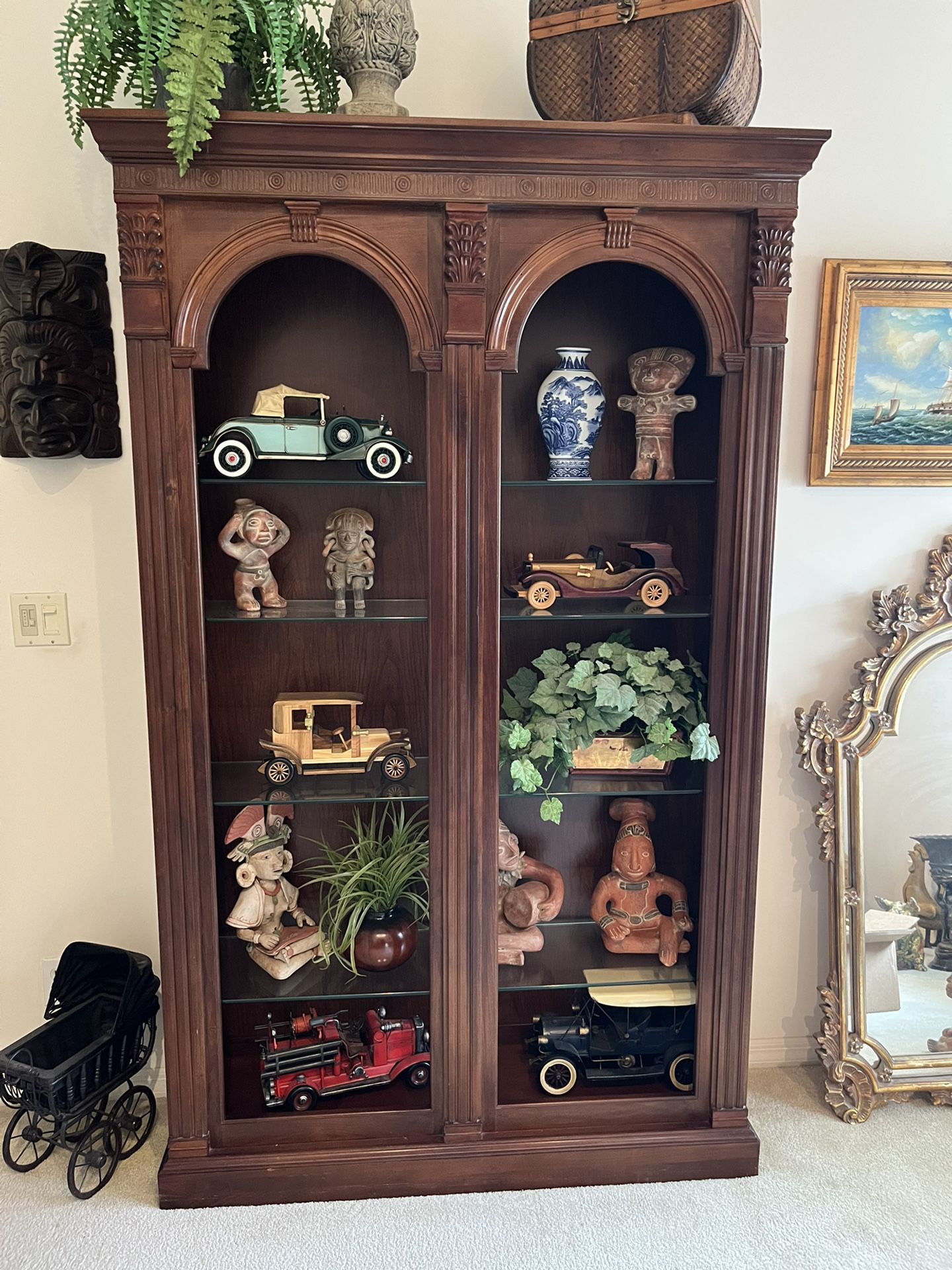 Wood Curio With glass shelves and lighting 