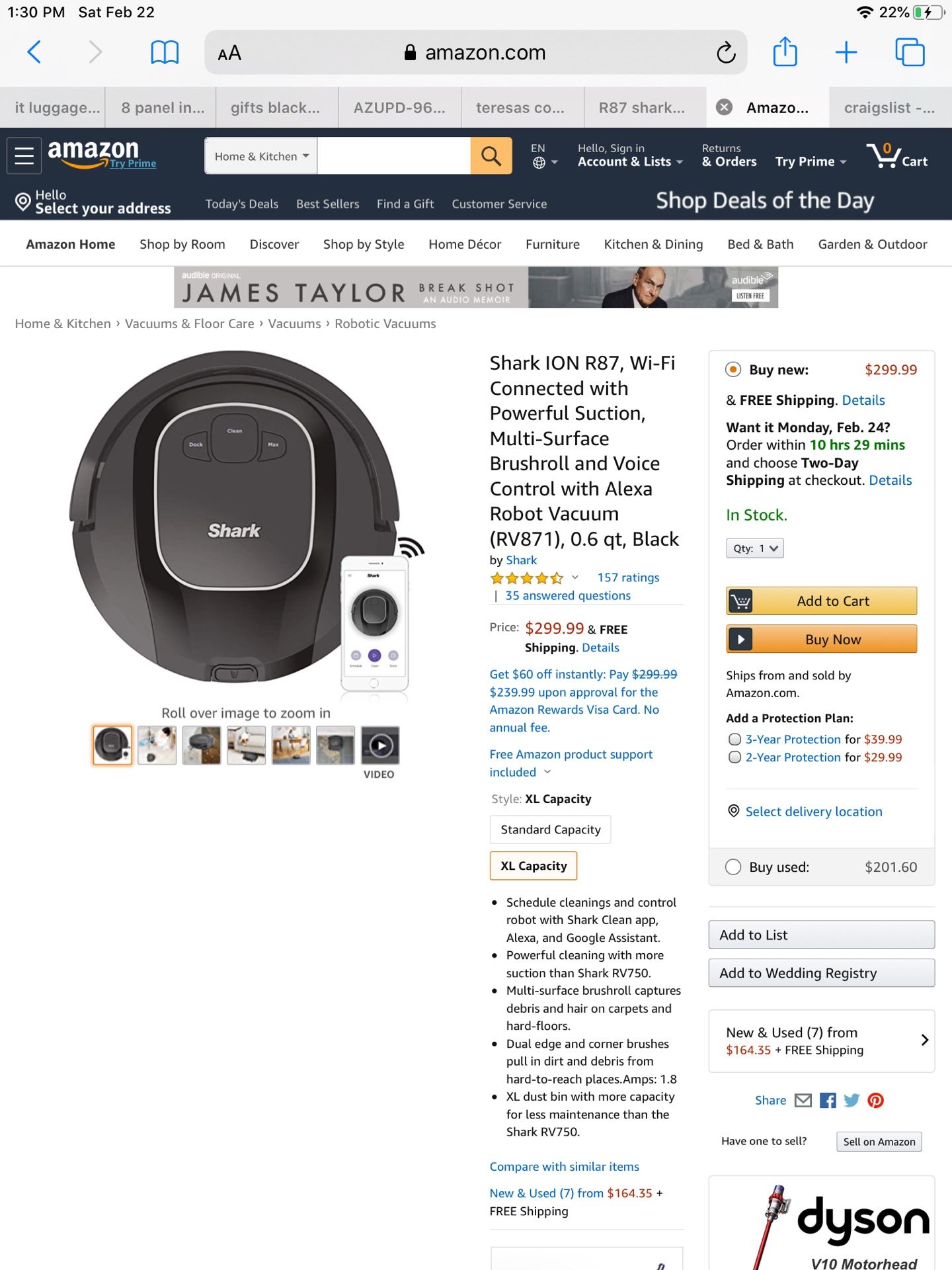 Shark ION R87, Wi-Fi Connected with Powerful Suction, Multi-Surface Brushroll and Voice Control with Alexa Robot Vacuum (RV871), 0.6 qt, Black