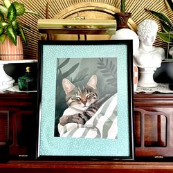 Sleepy Kitty Cozy Cat Canvas Art Print Green Polka Dot Framed Wall Art 17x21β