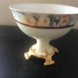 Vintage Porcelain Footed Bowl Hand Painted Flower Trim & Gold Leaf