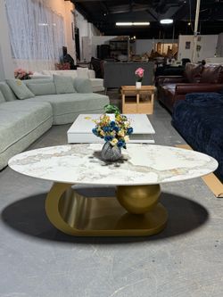 Modern Oval Coffee Table for Living Room, Marble Pattern Sintered Stone Coffee Tabletop with Gold Stainless Steel Base (White)   💰260$