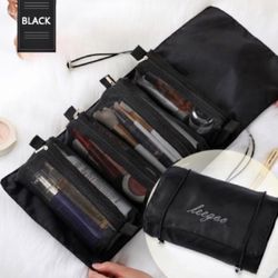 4 In 1 Cosmetic Pouch Sets Makeup Organizer Folding Cosmetic Bag with Hanging String Black