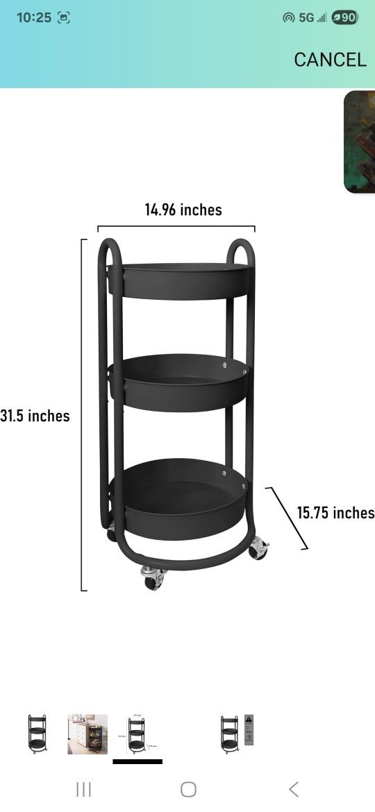 HOMESTEAD Round Rolling Side Table Cart, 3 Tier Metal Utility,