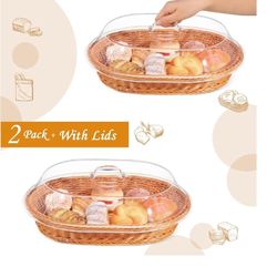 Hushee 2 Set Imitation Rattan Bread Basket with Lid Wicker Bread Baskets for Serving Woven Fruit Basket with Cover Oval Food Baskets for Food Vegetabl