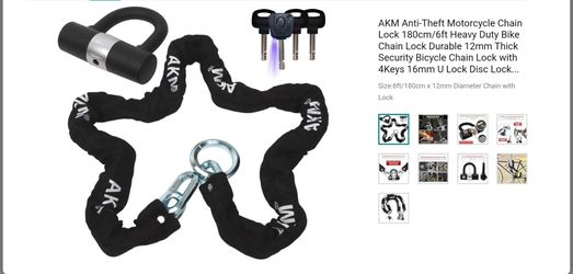 AKM Anti-Theft Motorcycle Chain Lock 180cm/6ft Heavy Duty Bike Chain Lock Durable 12mm Thick Security Bicycle Chain Lock with 4Keys 16mm U Lock Disc L