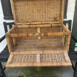 Vintage Asian Natural Woven Wicker Rattan and Brass rectangle Trunk