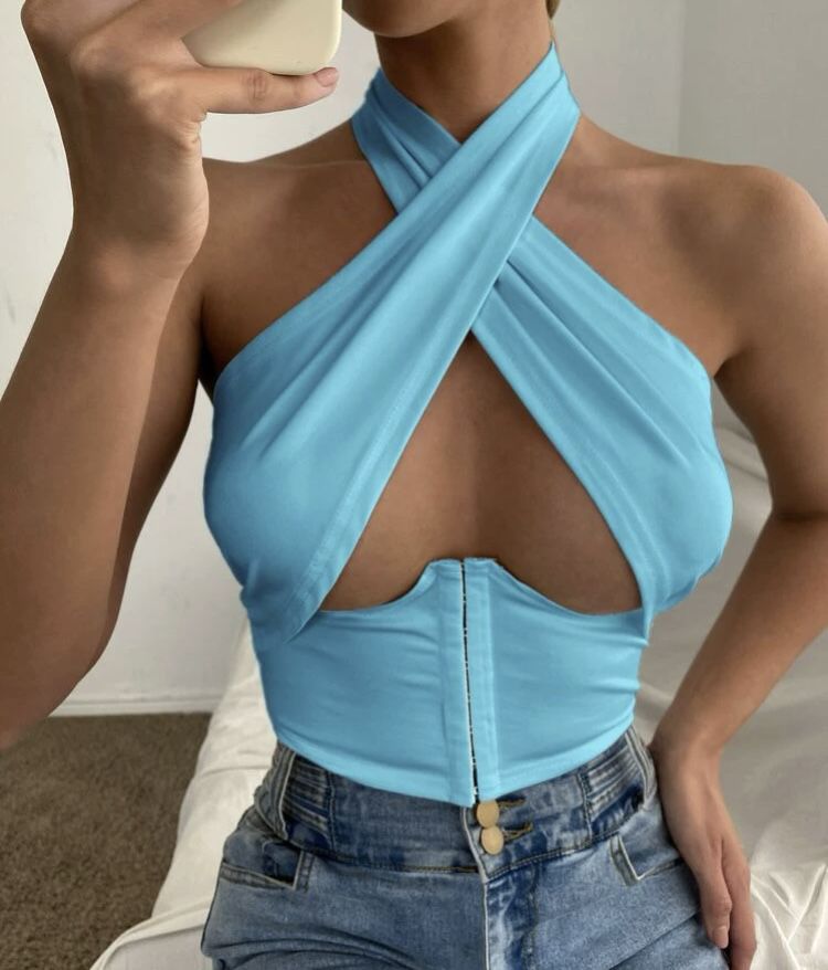Sexy cut out backless crop halter top !!! (Sky blue)